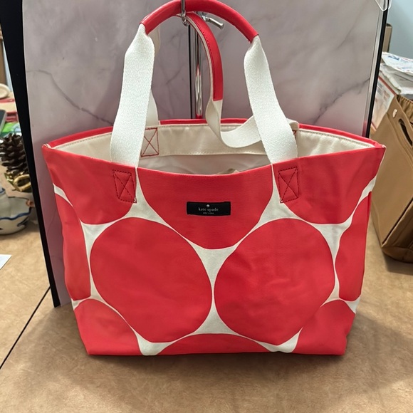 Kate Spade Red Circle Print Canvas Tote Bag with Leather Trim GUC - Picture 2 of 13
